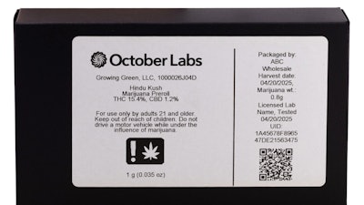Videojet Thermal Inkjet on a cannabis label applied to cardboard.