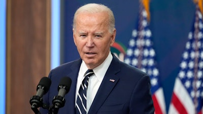President Joe Biden speaks to the National Action Network Convention remotely from the South Court Auditorium of the White House, Friday, April 12, 2024, in Washington.