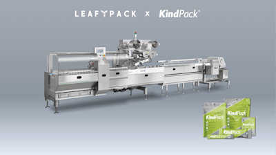 The LeafyPack Flow Pack machine pictured with KindPack packaging options.