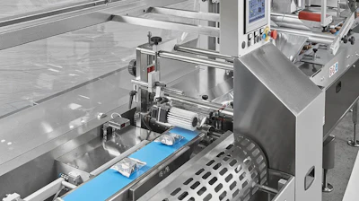 The LeafyPack horizontal flow pack machine is used to pack edibles, like cookies, biscuits, bars and taffy. The Pack 520 can wrap up to 80 bags per minute.