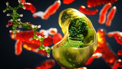 Three-dimensional representation showing a cannabidiol molecule action in the mitochondria of a neuron.