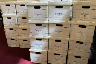 Boxes of petitions signed for a proposed ballot measure expanding Arkansas' medical marijuana program sit in a committee room at the Arkansas Capitol in Little Rock, Ark., July 5, 2024.