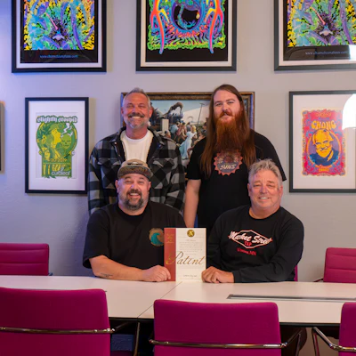 From left to right, front row: John Hartsell, DIZPOT co-founder; Jeff Scrabeck, DIZPOT co-founder. Back row: Charlie Dains, account executive at DIZPOT; AJ Keller, senior graphic designer at DIZPOT.