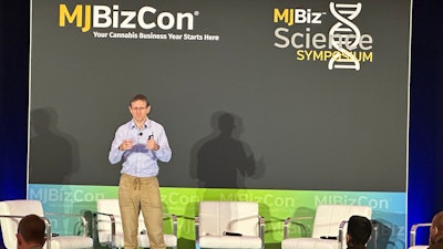 Cannabis scientist Markus Roggen speaks Dec. 3, 2024 at MJBizCon in Las Vegas.