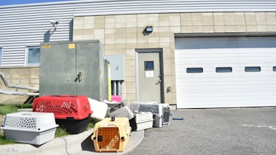Animal crates sit outside the Yellowstone Valley Animal Shelter on Friday, Sept. 12, 2025, in Billings, Mont.