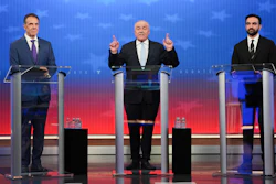 Republican candidate Curtis Sliwa, center, speaks during a mayoral debate with independent candidate former New York Gov. Andrew Cuomo, left, and Democratic candidate Zohran Mamdani, Thursday, Oct. 16, 2025, in New York.