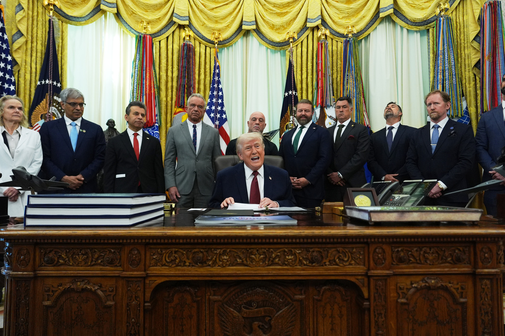 President Donald Trump speaks in the Oval Office of the White House, Saturday, April 18, 2026, in Washington.
