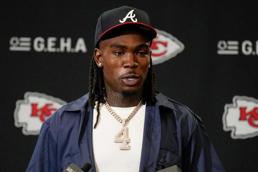 Kansas City Chiefs wide receiver Rashee Rice speaks during a news conference following an NFL football game against the Indianapolis Colts, Nov. 23, 2025, in Kansas City, Mo.
