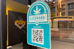 New York State licensed cannabis dispensary verification badge with QR code on storefront