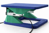 Blue and green hydraulic lift table with leaf design and control lever