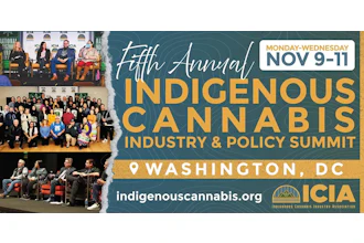 Fifth Annual Indigenous Cannabis Industry & Policy Summit promotional poster for November 9-11 in Washington, DC featuring event photos and ICIA branding