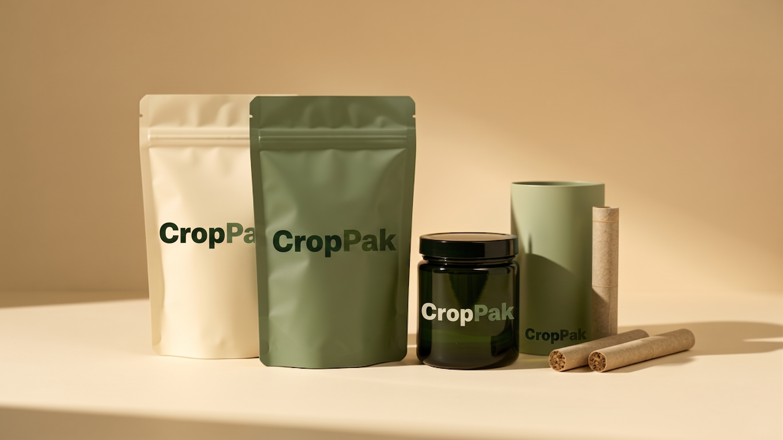 CropPak sustainable packaging collection featuring cream and green pouches, black glass jar, and cardboard tube on neutral background