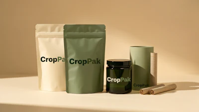 CropPak sustainable packaging collection featuring cream and green pouches, black glass jar, and cardboard tube on neutral background