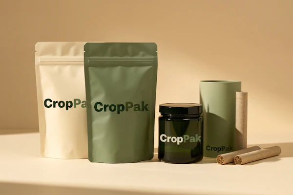 CropPak sustainable packaging collection featuring cream and green pouches, black glass jar, and cardboard tube on neutral background