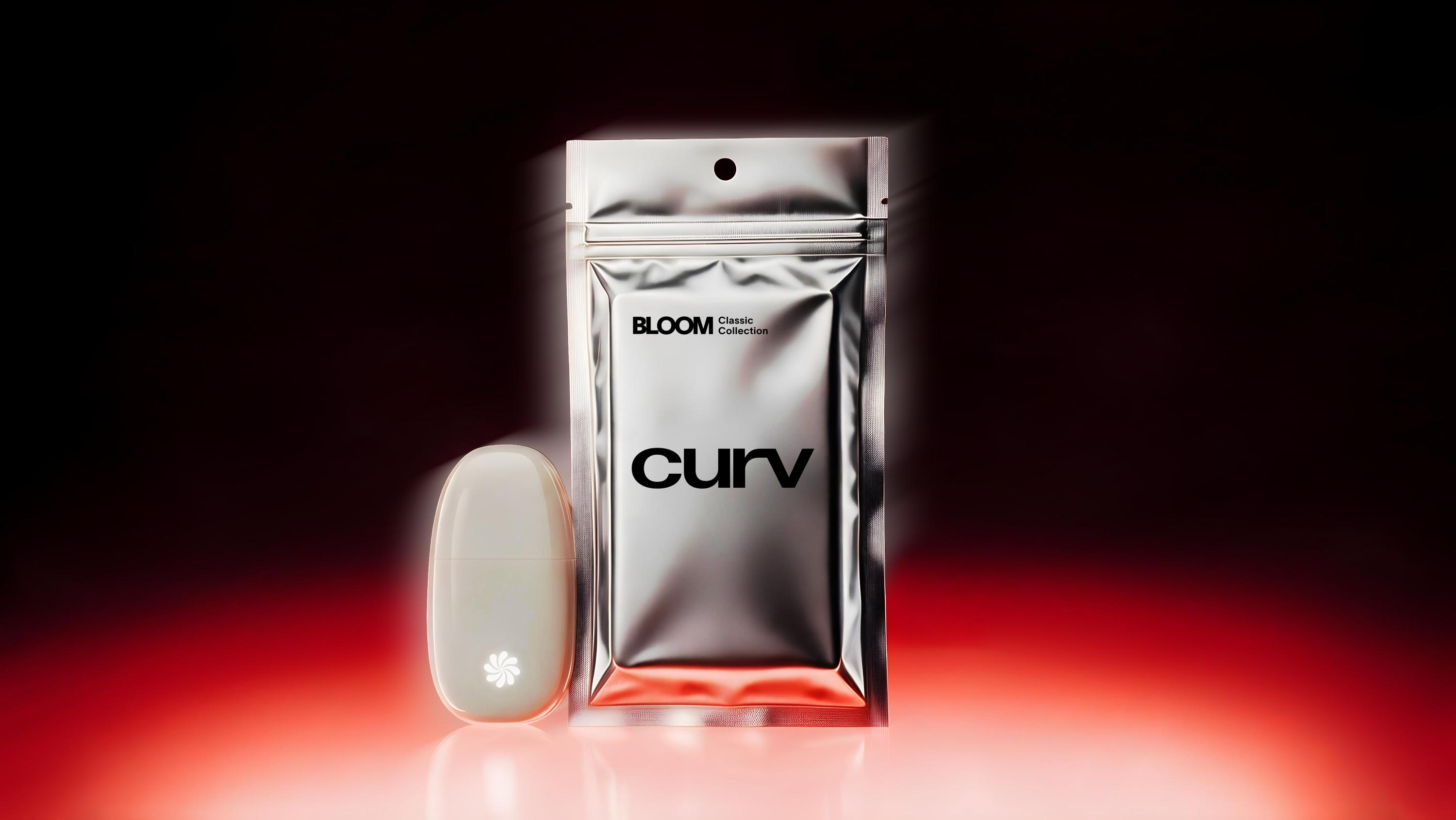 Curv by Bloom silver metallic pouch and white device on red gradient background