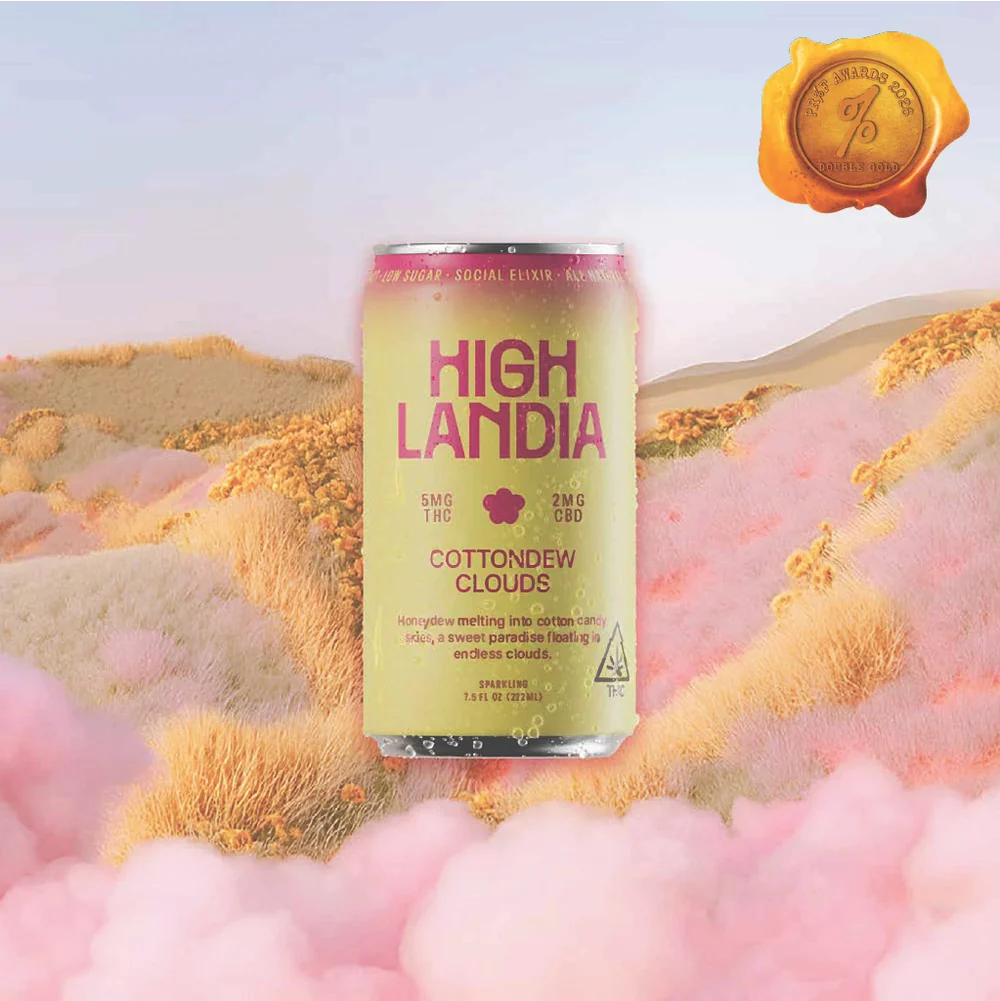 High Landia Cottondew Clouds cannabis-infused beverage can in surreal landscape with pink clouds and gold hills