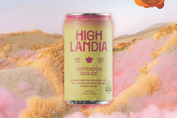 High Landia Cottondew Clouds cannabis-infused beverage can in surreal landscape with pink clouds and gold hills