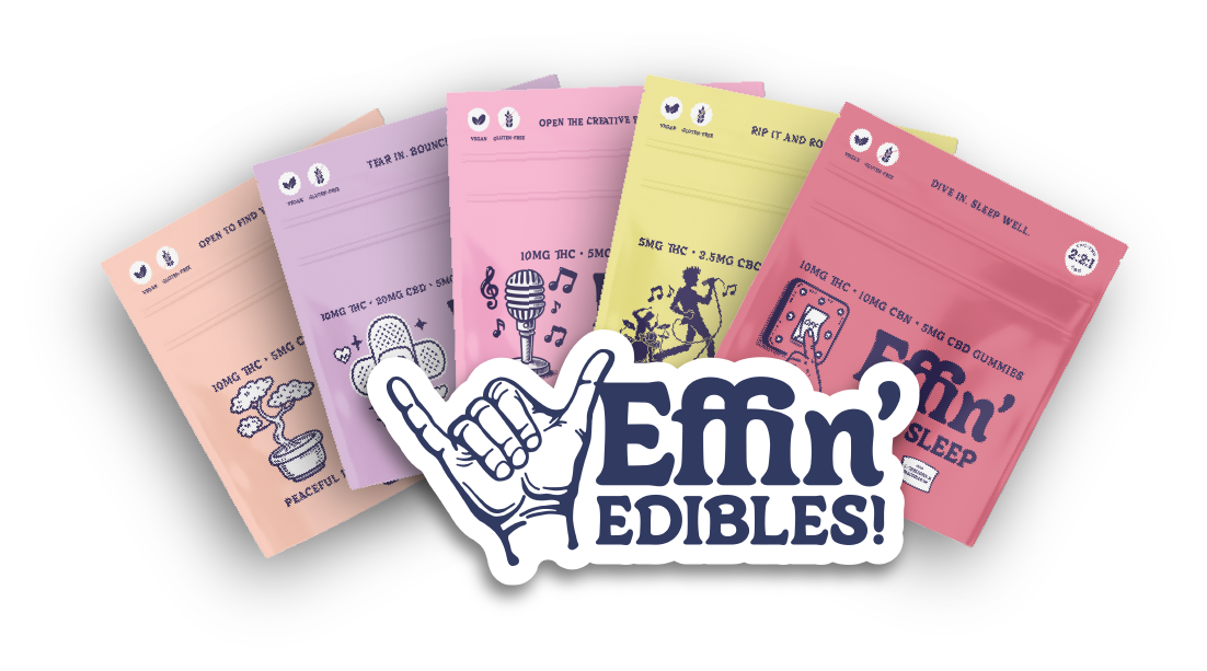 Emn2 Edibles brand logo with shaka hand gesture and colorful CBD edible product packaging collection