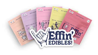 Emn2 Edibles brand logo with shaka hand gesture and colorful CBD edible product packaging collection