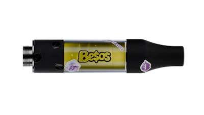 Besos brand beverage bottle with yellow label and black plastic exterior