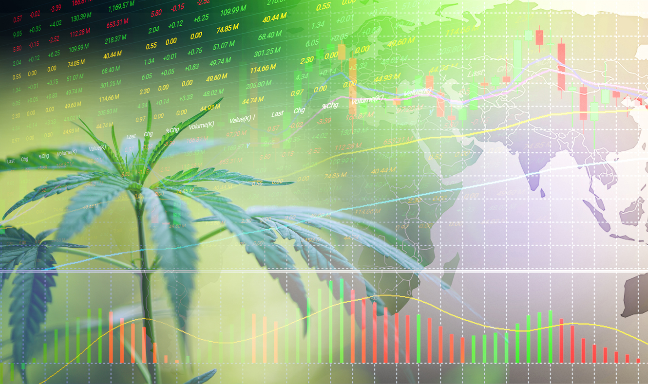 Financial market analysis overlay with cannabis plant, stock charts, candlesticks, and world map showing investment data trends