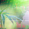 Financial market analysis overlay with cannabis plant, stock charts, candlesticks, and world map showing investment data trends