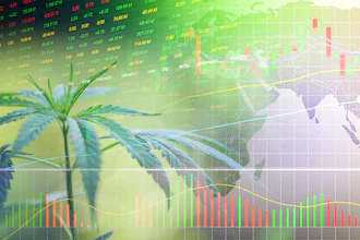 Financial market analysis overlay with cannabis plant, stock charts, candlesticks, and world map showing investment data trends