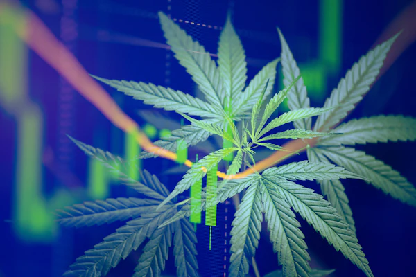 Cannabis plant with serrated green leaves against a blue background with warm lighting
