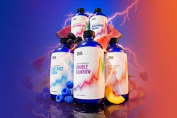 Colorful beverage bottles arranged in pyramid formation with electric blue and orange gradient background and lightning effects