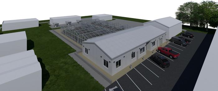 3D architectural rendering of a modern industrial building with rooftop solar panels and parking lot