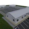 3D architectural rendering of a modern industrial building with rooftop solar panels and parking lot