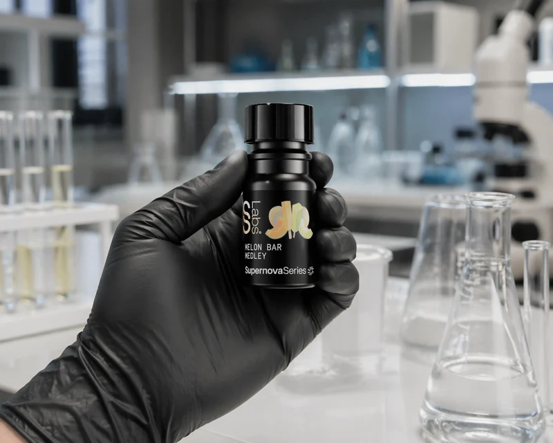 Black cosmetic bottle with gold leaf logo held in gloved hand in laboratory setting