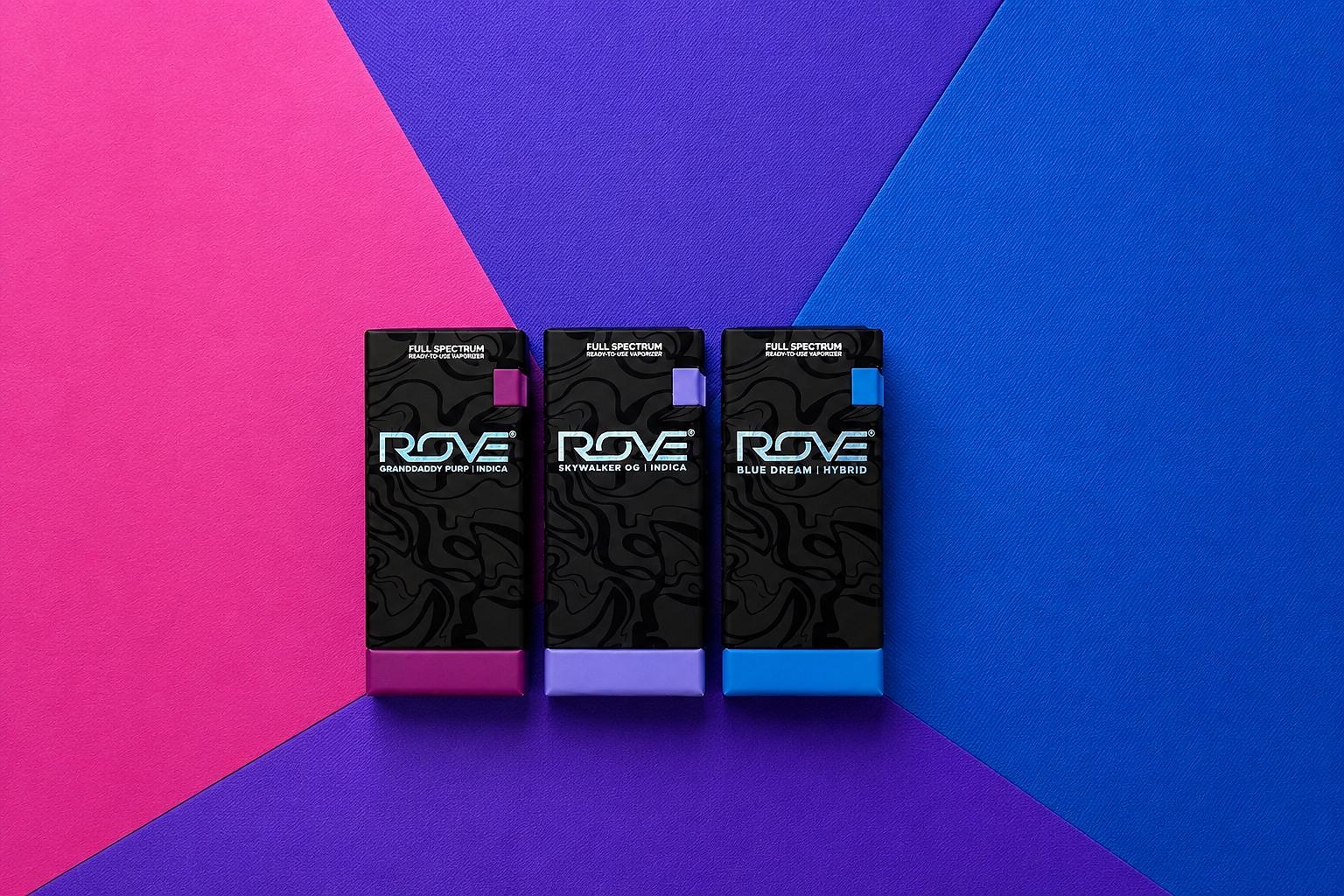 Three ROVE product boxes with pink, purple, and blue accents displayed on gradient background