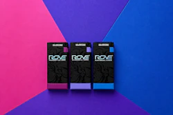 Three ROVE product boxes with pink, purple, and blue accents displayed on gradient background