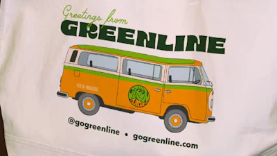 GO Greenline vintage bus tote bag with orange and green retro van graphic and contact information