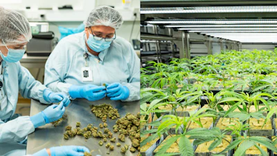 Cannabis cultivation facility showing laboratory processing of buds and indoor hydroponic growing operation with young plants under LED lighting systems.