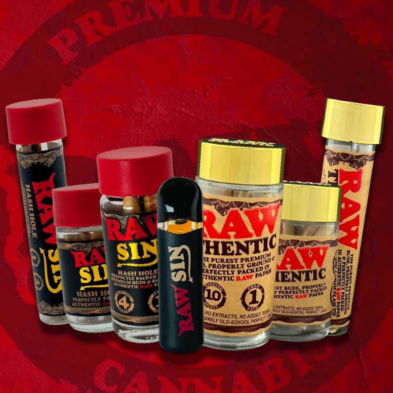 RAW premium smoking products collection including rolling papers, hash holders, and accessories displayed on red background
