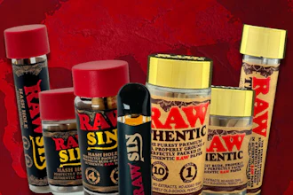 RAW premium smoking products collection including rolling papers, hash holders, and accessories displayed on red background